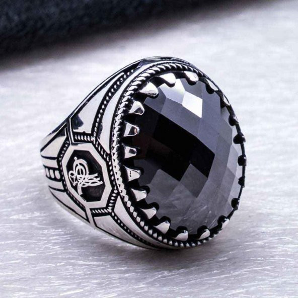 925 Ayar Gümüş Siyah Zirkon  Taşlı Osmanlı Tuğra Detaylı  Yüzük - Resim 3