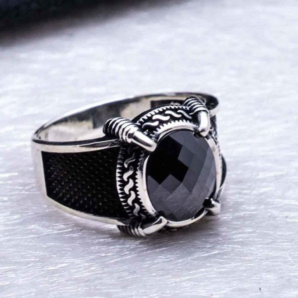 925 Ayar Gümüş Siyah Taşlı Yüzük - Resim 3