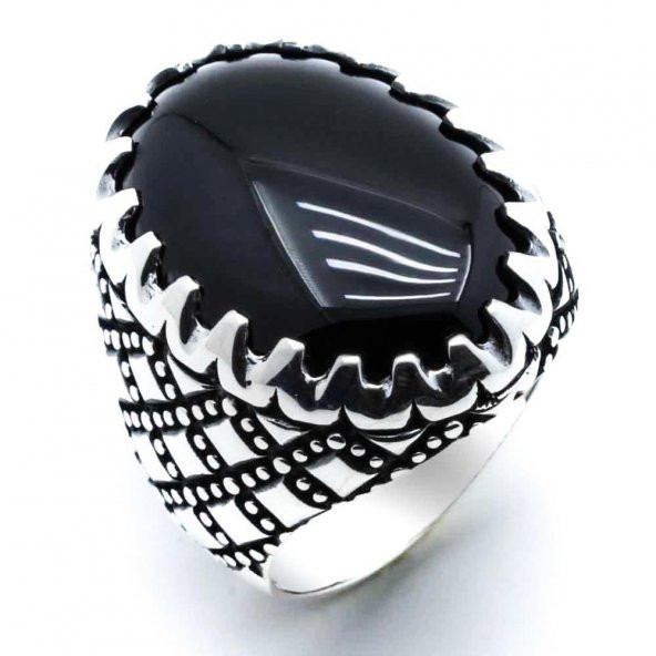 925 Ayar gümüş Siyah Oniks Taşlı Gümüş Yüzük - Resim 2