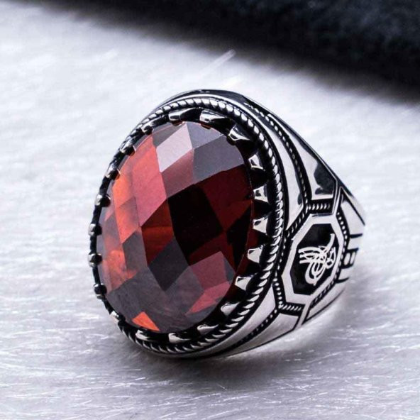 925 Ayar Gümüş Kırmızı Zirkon Taşlı Osmanlı Tuğrası  Detaylı Yüzük - Resim 3