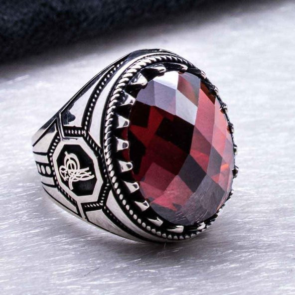 925 Ayar Gümüş Kırmızı Zirkon Taşlı Osmanlı Tuğrası  Detaylı Yüzük - Resim 4