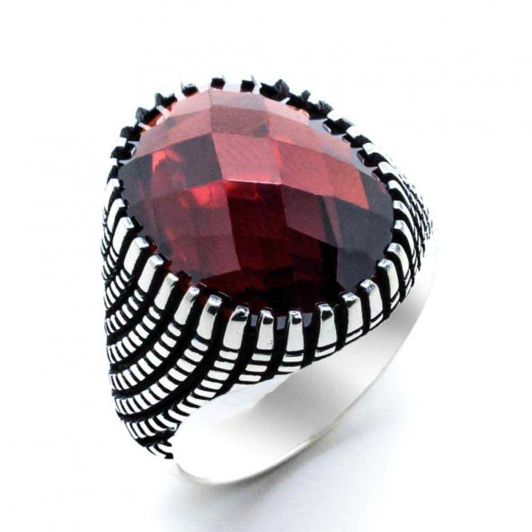 925 Ayar Gümüş Kırmızı Zirkon  Taşlı Desenli Yüzük - Resim 2