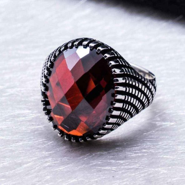 925 Ayar Gümüş Kırmızı Zirkon  Taşlı Desenli Yüzük - Resim 3