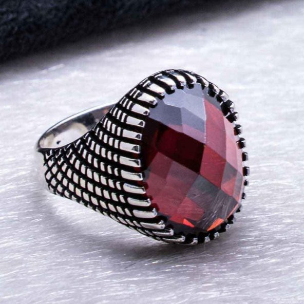 925 Ayar Gümüş Kırmızı Zirkon  Taşlı Desenli Yüzük - Resim 4