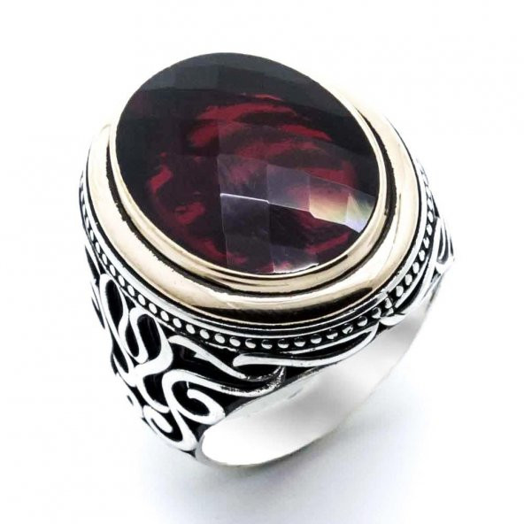 925 Ayar Gümüş Kırmızı Oval Zirkon Taşlı Yüzük - Resim 2