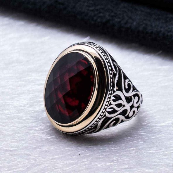 925 Ayar Gümüş Kırmızı Oval Zirkon Taşlı Yüzük - Resim 3