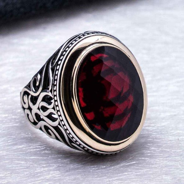 925 Ayar Gümüş Kırmızı Oval Zirkon Taşlı Yüzük - Resim 4