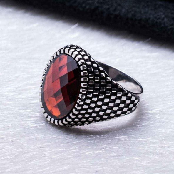 Harika Tasarım Kırmızı Zirkon  Oval Taşlı Gümüş Yüzük - Resim 3