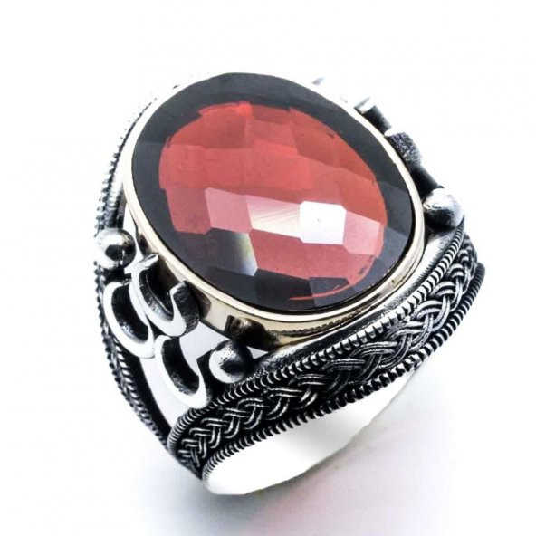 925 Ayar Gümüş Kırmızı Zirkon  Taşlı Üç Hilal  Detaylı  Yüzük - Resim 2