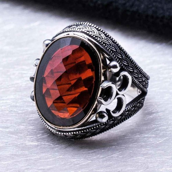 925 Ayar Gümüş Kırmızı Zirkon  Taşlı Üç Hilal  Detaylı  Yüzük - Resim 3