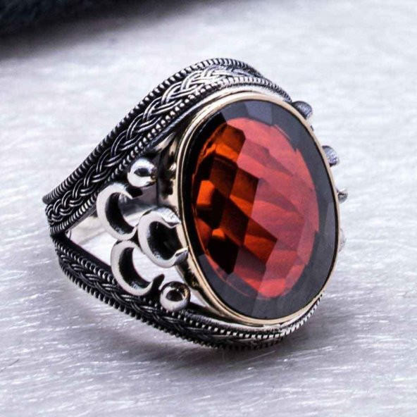 925 Ayar Gümüş Kırmızı Zirkon  Taşlı Üç Hilal  Detaylı  Yüzük - Resim 4