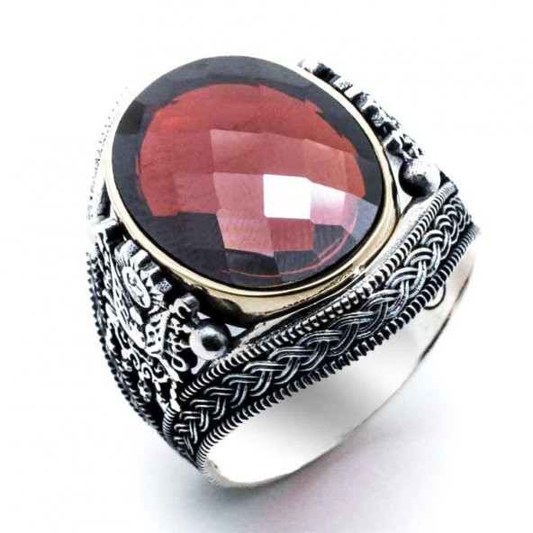 925 Ayar Gümüş Kırmızı Zirkon Taşlı Devlet Armalı Yüzük - Resim 2