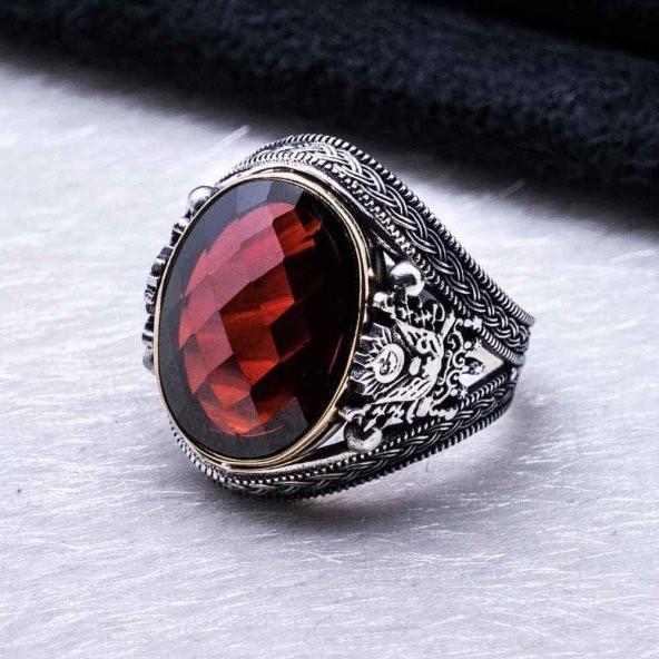 925 Ayar Gümüş Kırmızı Zirkon Taşlı Devlet Armalı Yüzük - Resim 3