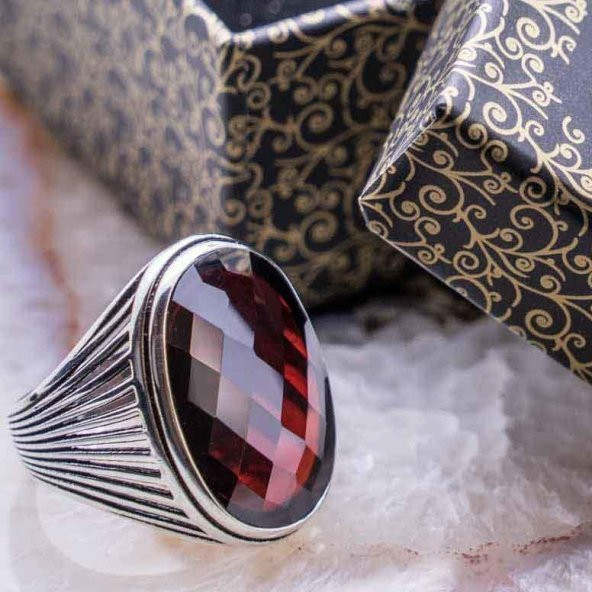 925 Ayar gümüş Kırmızı Oval  Taşlı Yüzük ürün görseli 1