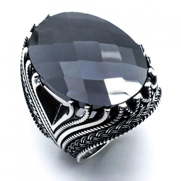 Siyah Büyük Oval Zirkon Taşlı Gümüş Yüzük - Resim 2