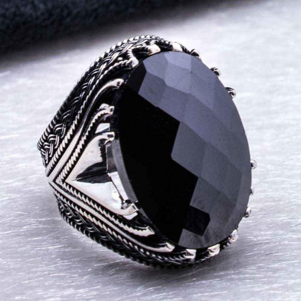 Siyah Büyük Oval Zirkon Taşlı Gümüş Yüzük - Resim 3