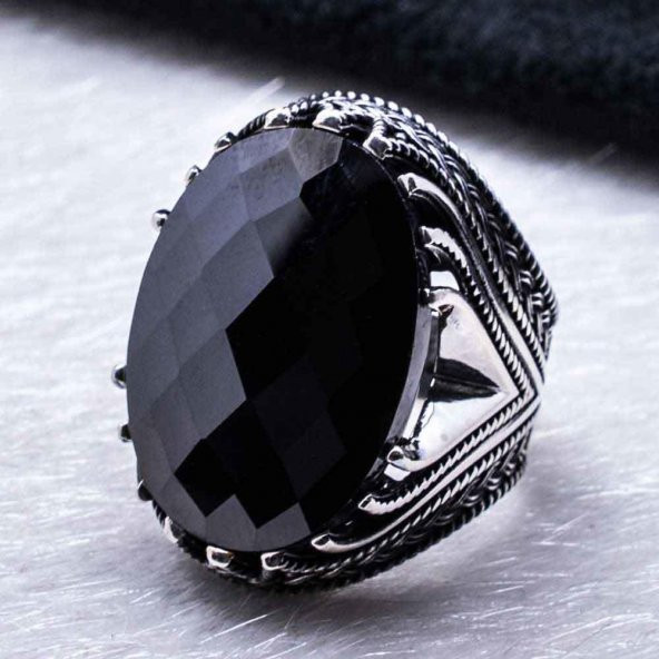 Siyah Büyük Oval Zirkon Taşlı Gümüş Yüzük - Resim 4
