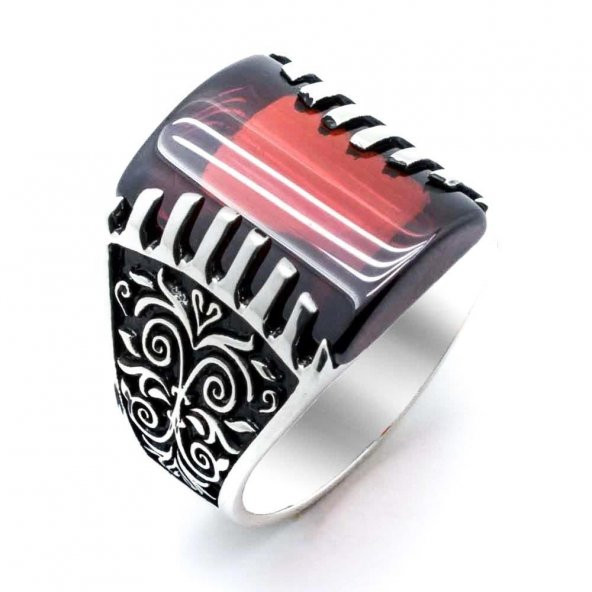 925 Ayar Gümüş Kırmızı  Zirkon Taşlı Desenli Yüzük - Resim 2