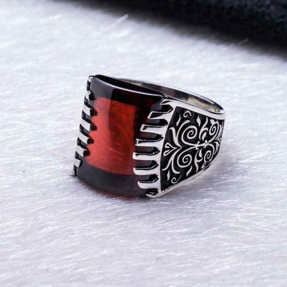 925 Ayar Gümüş Kırmızı  Zirkon Taşlı Desenli Yüzük - Resim 3