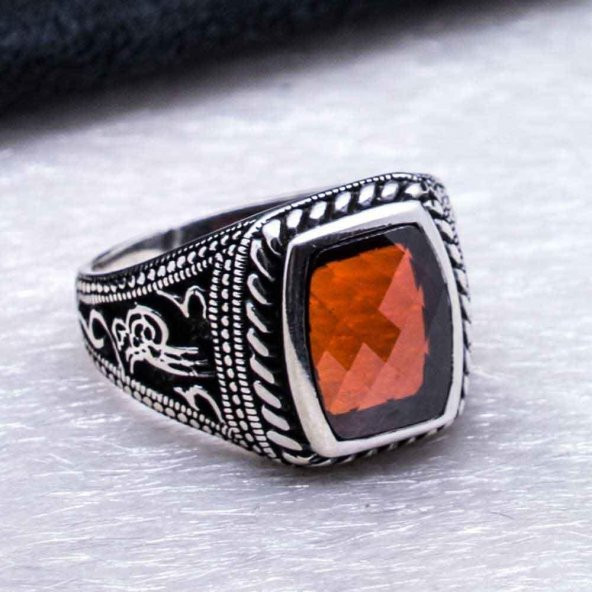 925 Ayar Gümüş Kırmızı Zirkon Taşlı Tuğralı Yüzük - Resim 4