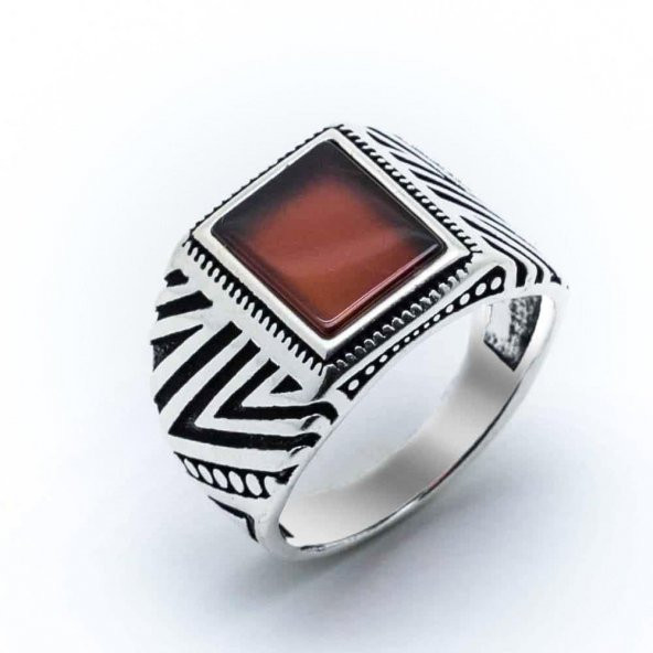 925 Ayar Gümüş Kare Akik Taşlı Yüzük - Resim 2