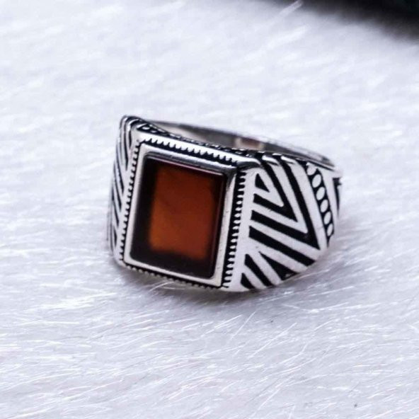 925 Ayar Gümüş Kare Akik Taşlı Yüzük - Resim 3