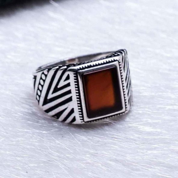 925 Ayar Gümüş Kare Akik Taşlı Yüzük - Resim 4