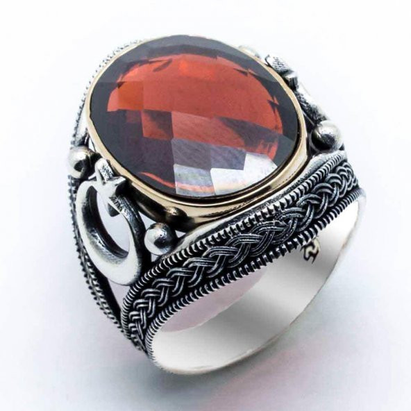 925 Ayar Gümüş Kırmızı Zirkon Taşlı  Ay Yıldız Detaylı Yüzük - Resim 2