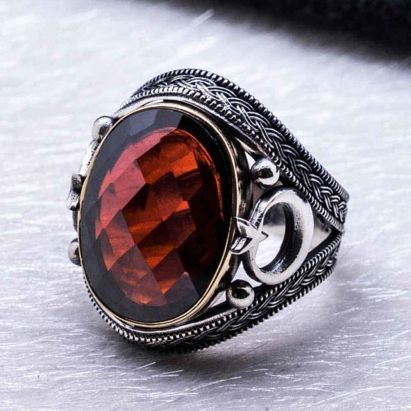 925 Ayar Gümüş Kırmızı Zirkon Taşlı  Ay Yıldız Detaylı Yüzük - Resim 3