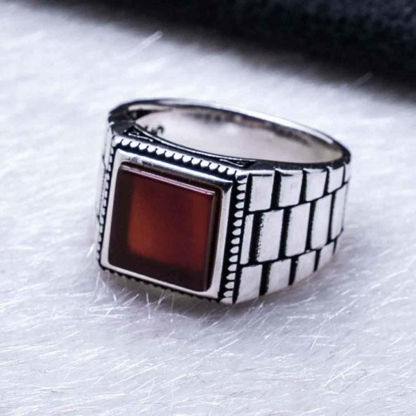 925 Ayar Gümüş Kare Akik Taşlı  Rolex işlemeli  Yüzük - Resim 3