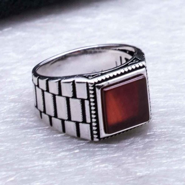 925 Ayar Gümüş Kare Akik Taşlı  Rolex işlemeli  Yüzük - Resim 4