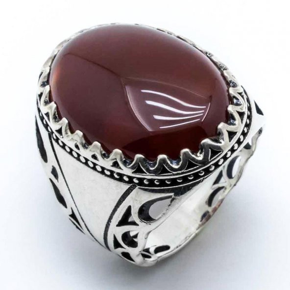 925 Ayar Gümüş Bordo Akik Taşlı Yüzük - Resim 2