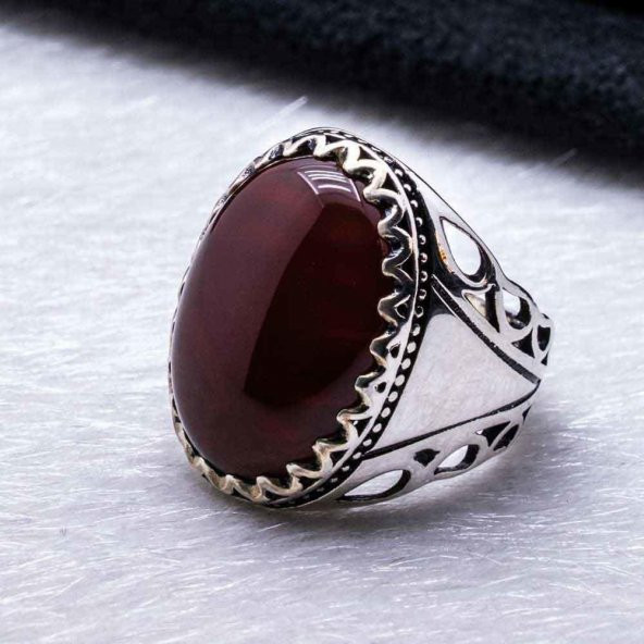 925 Ayar Gümüş Bordo Akik Taşlı Yüzük - Resim 3