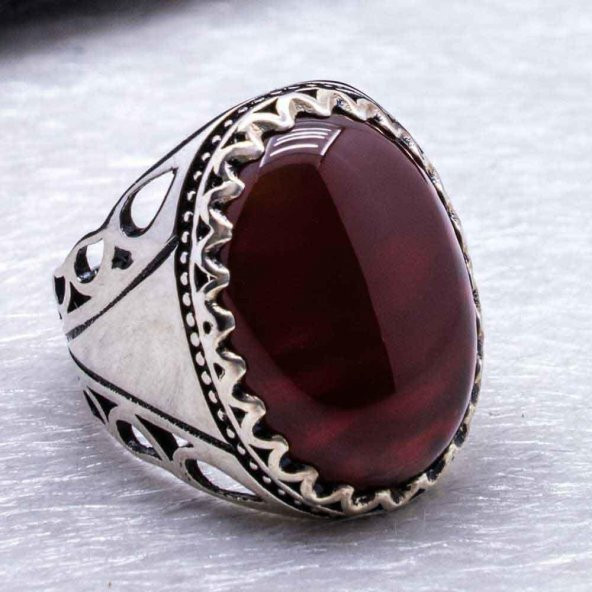 925 Ayar Gümüş Bordo Akik Taşlı Yüzük - Resim 4