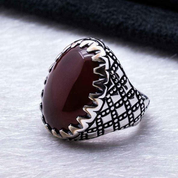 925 Ayar Gümüş Bordo  Akik Taşlı  Yüzük - Resim 3