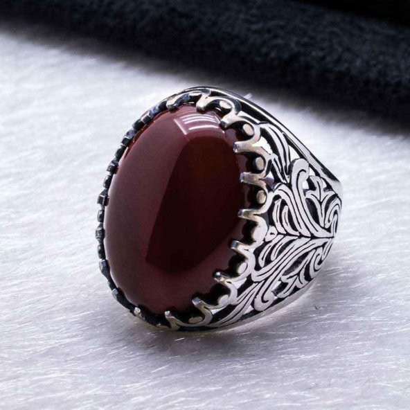 925 Ayar Gümüş Bordo Akik Taşlı Yüzük - Resim 3