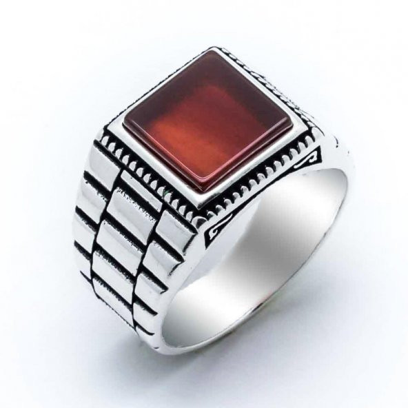 925 Ayar Gümüş Kare Akik Taşlı  Rolex işlemeli  Yüzük - Resim 2