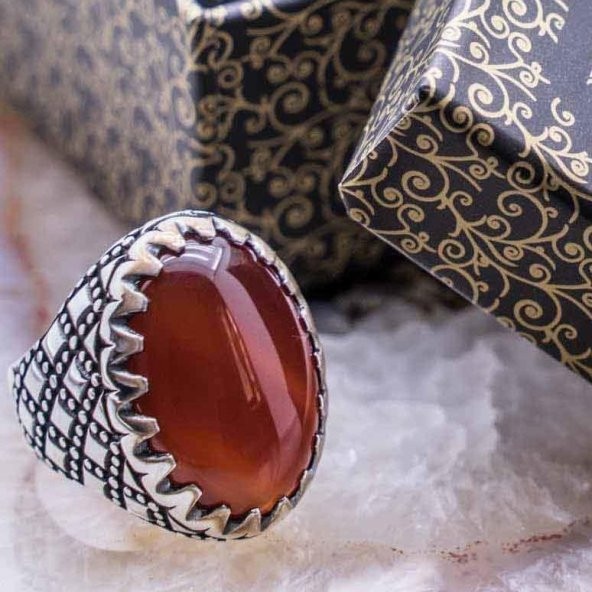 925 Ayar Gümüş Bordo  Akik Taşlı  Yüzük ürün görseli