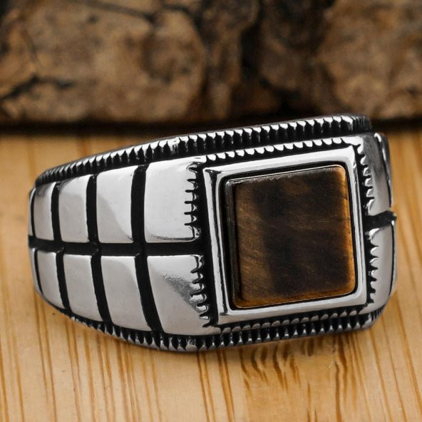 925 Ayar Gümüş Kare Kaplan Gözü Taşlı Yüzük ürün görseli