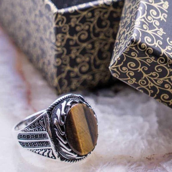 925 Ayar Gümüş Kaplan Gözü Taşlı Erkek Yüzük ürün görseli