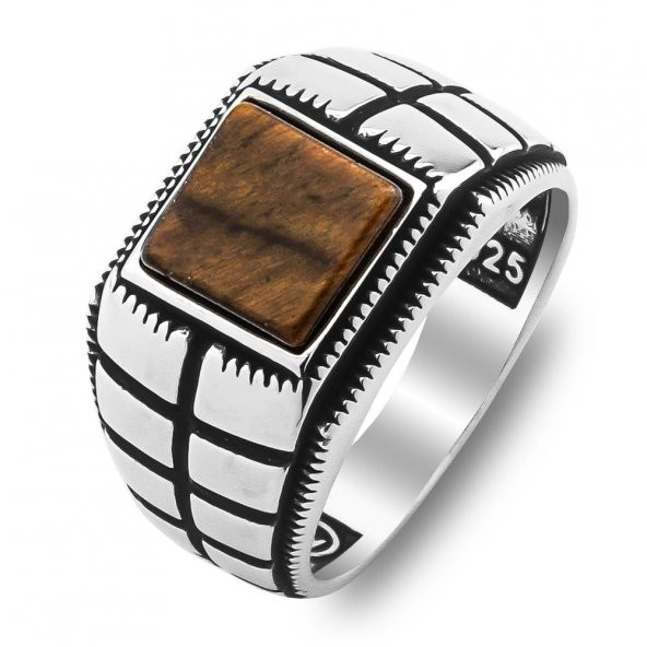 925 Ayar Gümüş Kare Kaplan Gözü Taşlı Yüzük - Resim 3