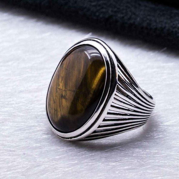 Kaplan Gözü Taşlı Gümüş Erkek Yüzük Model-2 - Resim 3