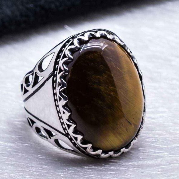 925 Ayar gümüş Kaplan Gözü  Taşlı Erkek Yüzük - Resim 4