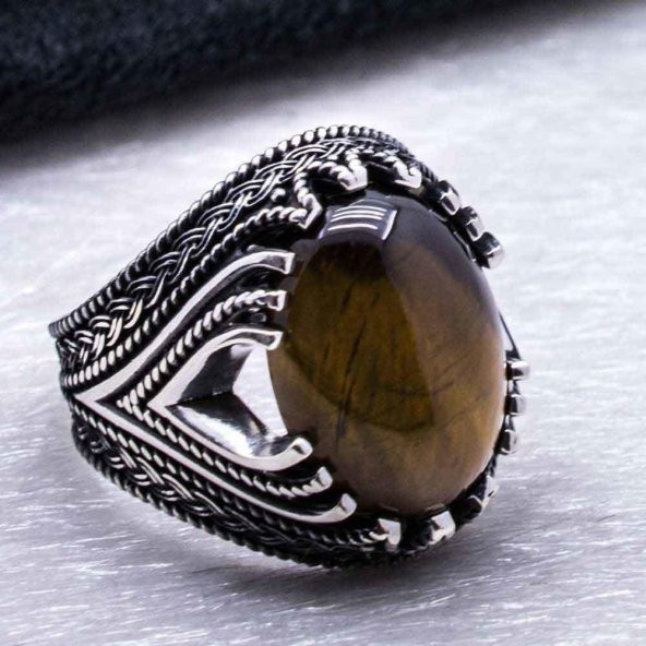 925 Ayar gümüş Oval Bombeli Kaplan Gözü Taşlı Yüzük - Resim 4