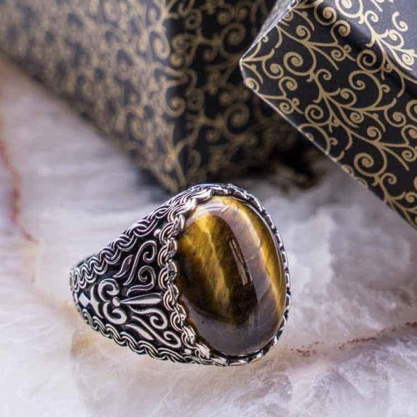 Kaplan Gözü Taşlı Desenli Gümüş Yüzük ürün görseli