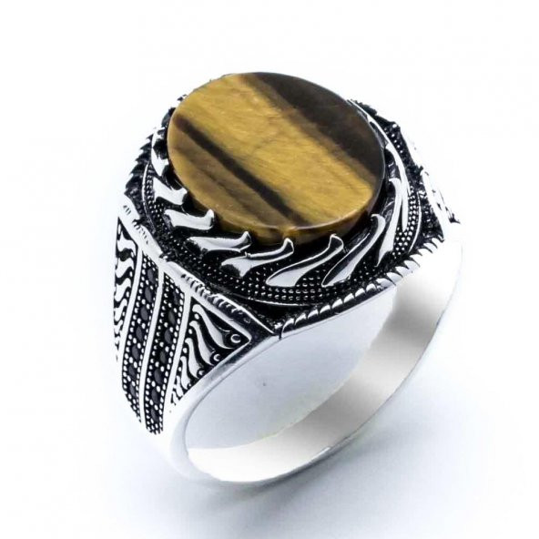 925 Ayar Gümüş Kaplan Gözü Taşlı Erkek Yüzük - Resim 2