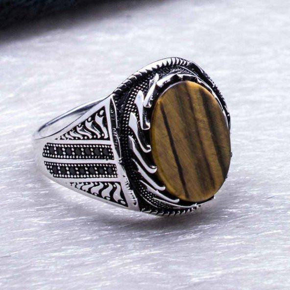 925 Ayar Gümüş Kaplan Gözü Taşlı Erkek Yüzük - Resim 4