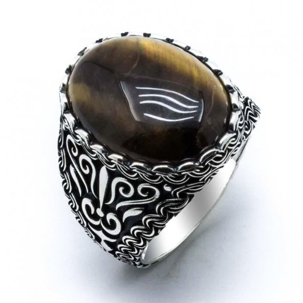 Kaplan Gözü Taşlı Desenli Gümüş Yüzük - Resim 2