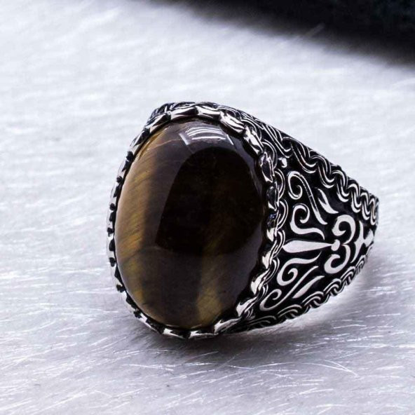 Kaplan Gözü Taşlı Desenli Gümüş Yüzük - Resim 3