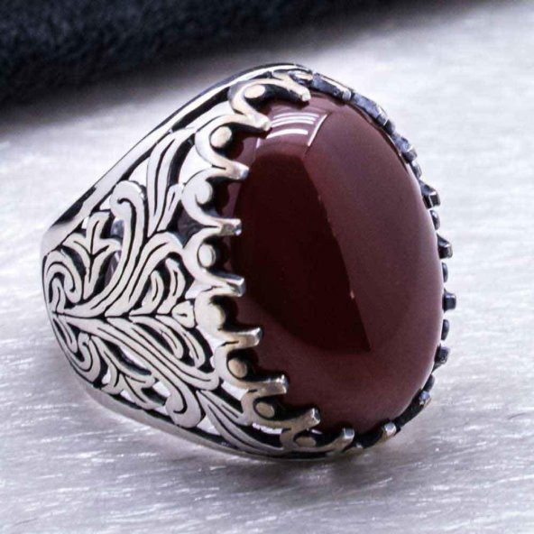 925 Ayar Gümüş Bordo Akik Taşlı Yüzük - Resim 4